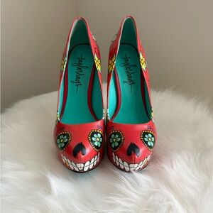 Vibrant Red Skull Floral Heels